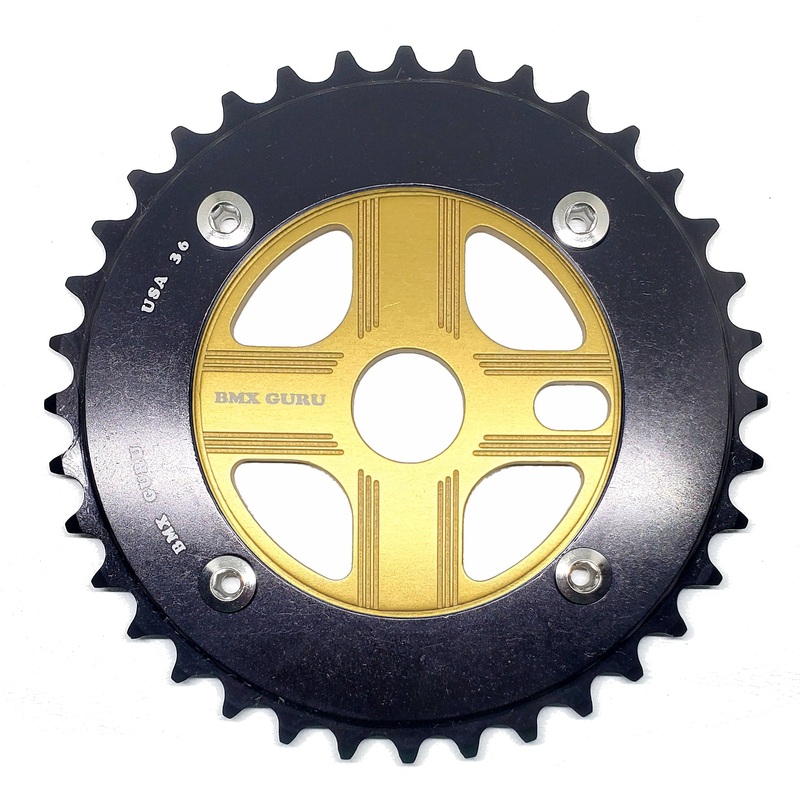 BMXGuru 36T Aluminum Spider & 4-bolt Chainring Combo – Black over Gold – USA Made
