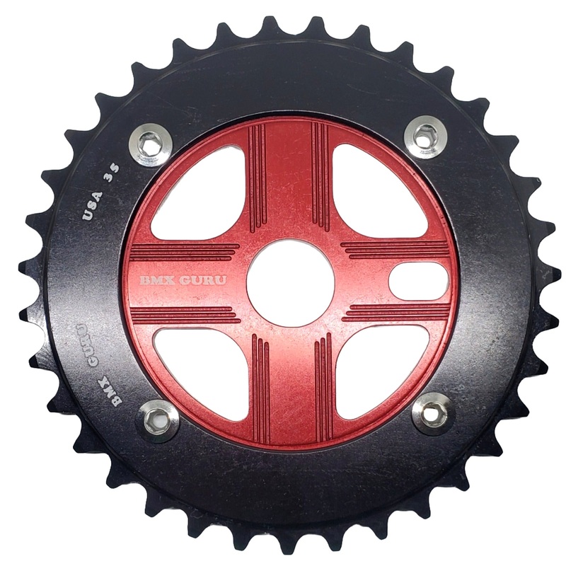 BMXGuru 35T Aluminum Spider & 4-bolt Chainring Combo – Black over Red – USA Made