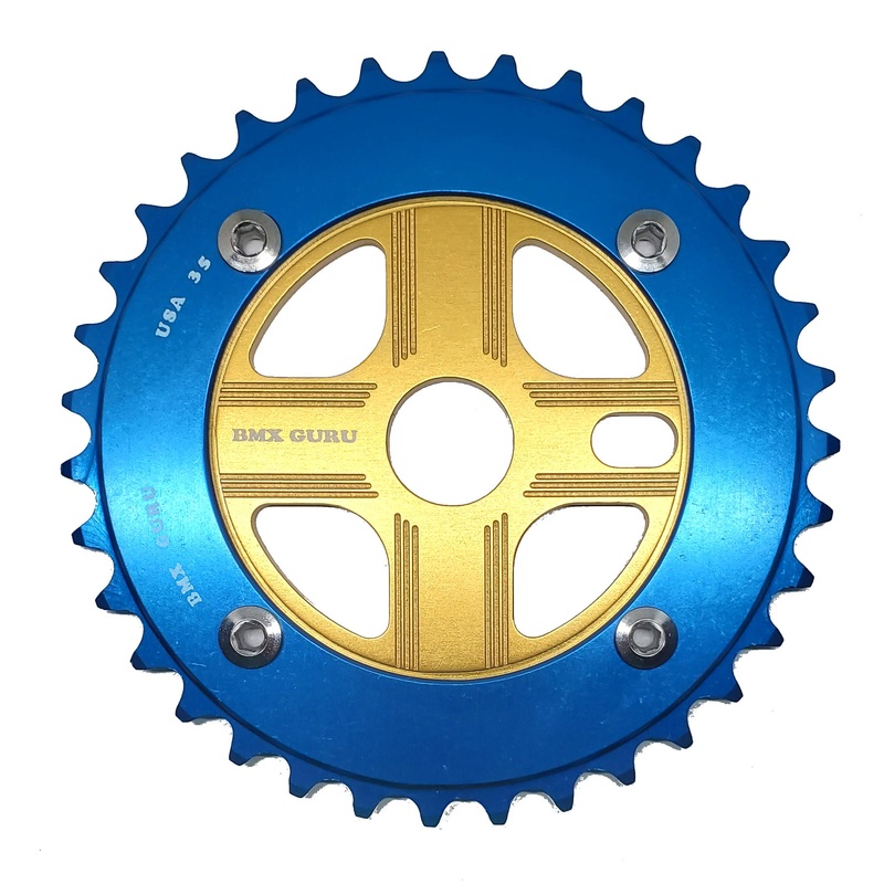 BMXGuru 35T Aluminum Spider & 4-bolt Chainring Combo – Blue over Gold – USA Made