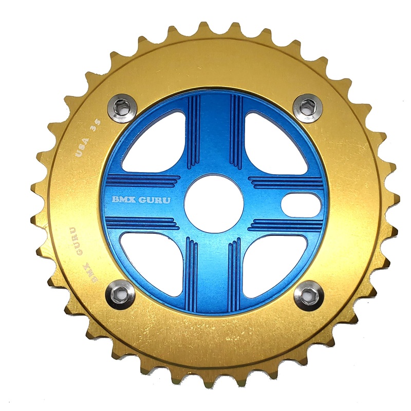 BMXGuru 35T Aluminum Spider & 4-bolt Chainring Combo – Gold over Blue – USA Made