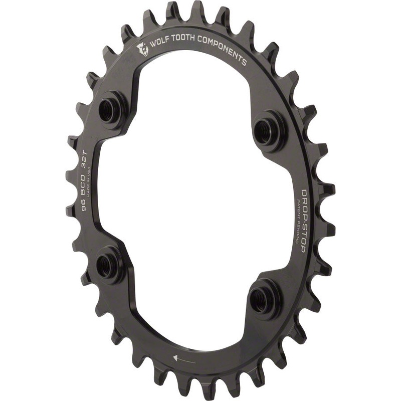 Wolf Tooth 96 BCD Chainring – 32t, 96 Asymmetric BCD, 4-Bolt, Drop-Stop, For Shimano XTR M9000 and M9020 Cranks, Black