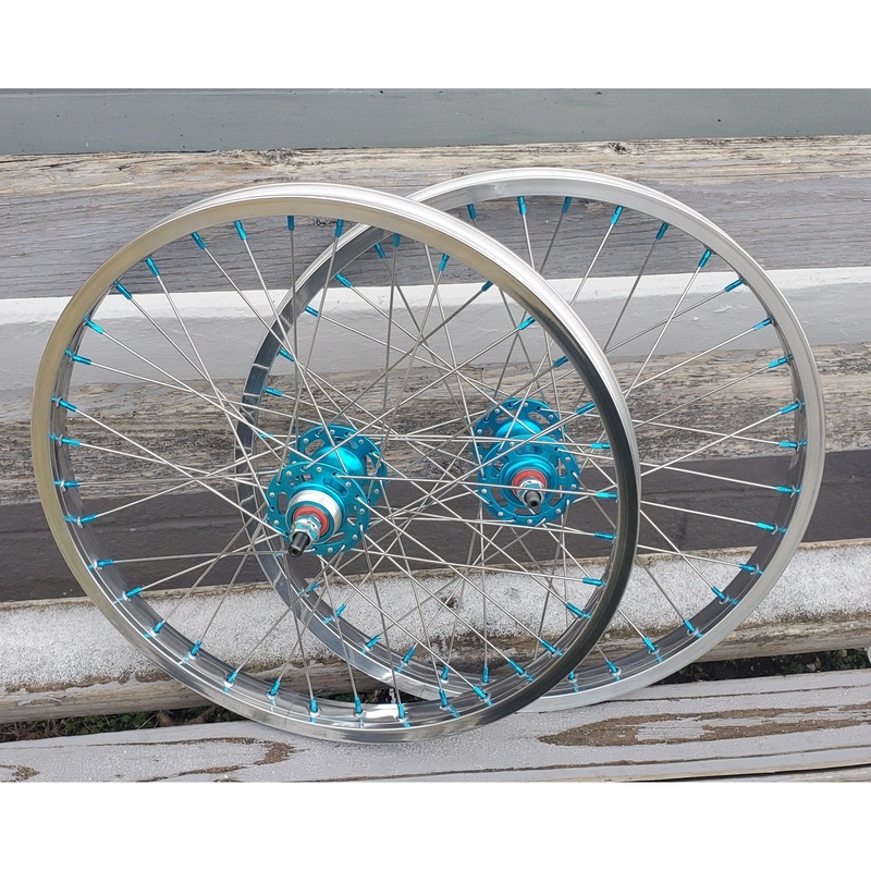 20″ 7X style Sealed Road Flange BMX Wheelset – Pair – Polished / Blue
